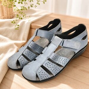 Propet Women's AA Narrow Width Blue Leather Comfort Sandals Laser Cut Size 10N